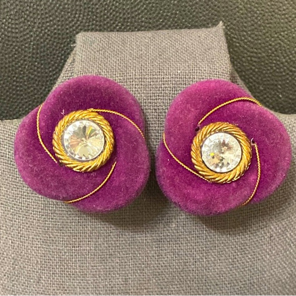 Vintage purple Velvet acrylic with rhinestone clip-on Earrings